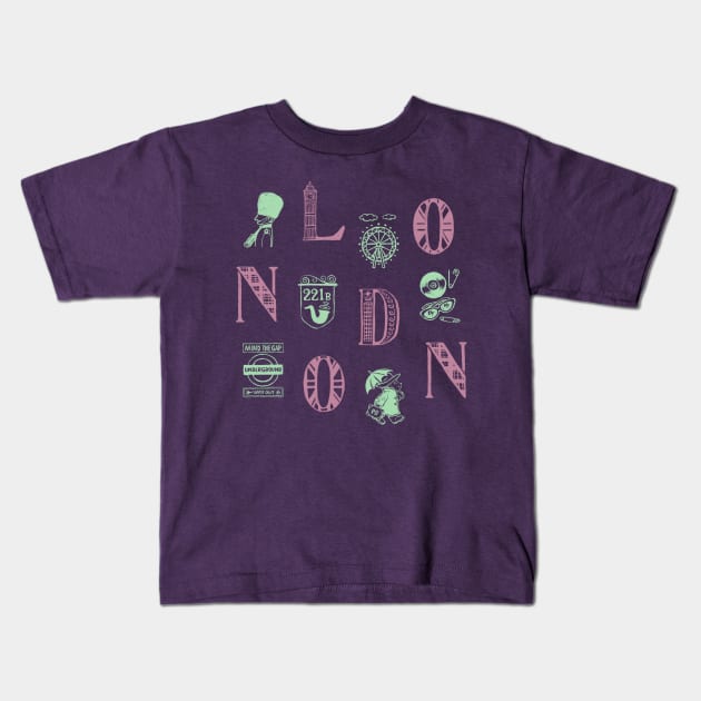 London Alphabets - Liberty Purple Kids T-Shirt by akaneyabushita